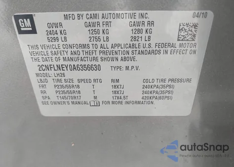 2010 Chevrolet Equinox Lt из США, поврежденный, VIN 2CNFLNEY0A6356630